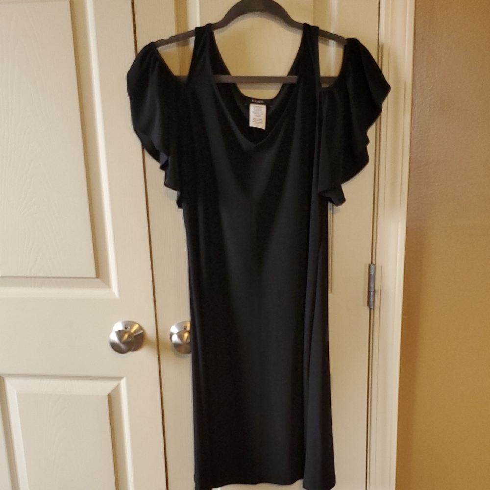 Black Sheath Dress with Cold Shoulder and Ruffled Flutter Sleeves for Cocktail